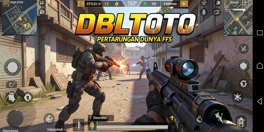 Screenshot gameplay DBLTOTO menampilkan pertarungan intens di arena FPS.