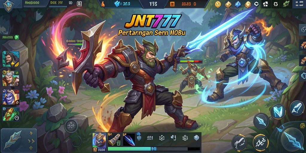 Tampilan gameplay seru di JNT777 dengan pahlawan bertarung.
