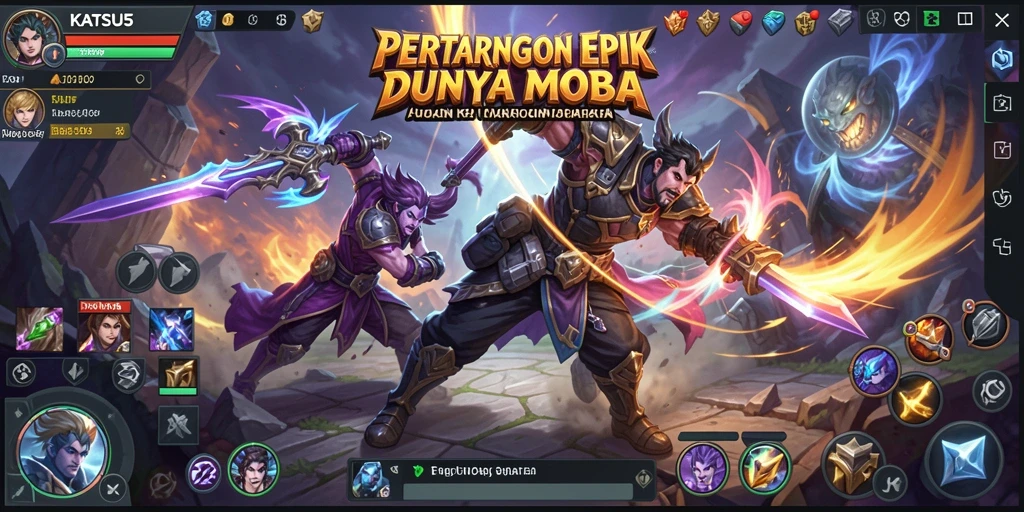 Tangkapan layar dari gameplay KATSU5 yang menunjukkan pertempuran seru di arena.