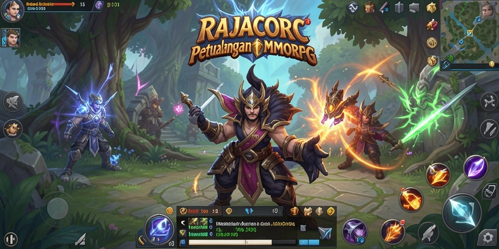 Tangkapan layar utama RAJACORC menampilkan aksi seru di dunia MMORPG.