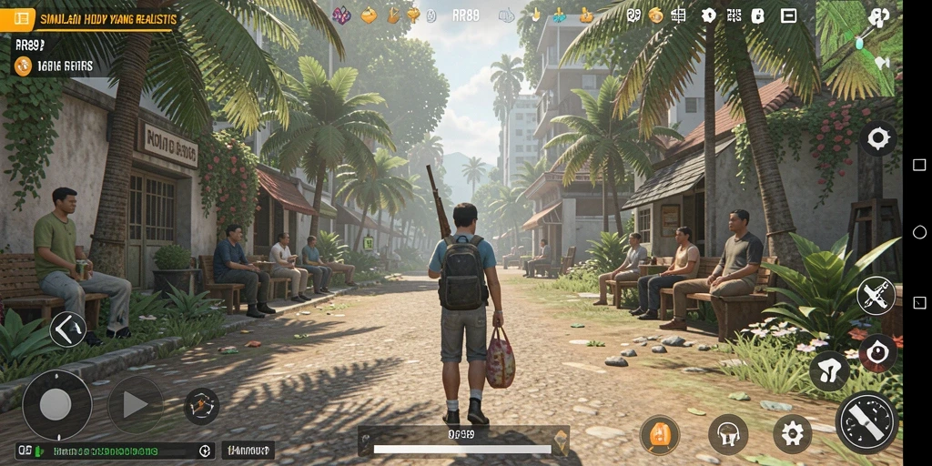 Screenshot dari gameplay RR89 yang menunjukkan karakter berinteraksi dalam lingkungan simulasi.